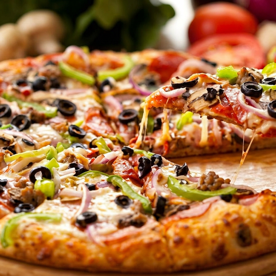 Loaded vegetable and sausage pizza with olives, mushrooms, peppers, and onions on a wooden serving board.