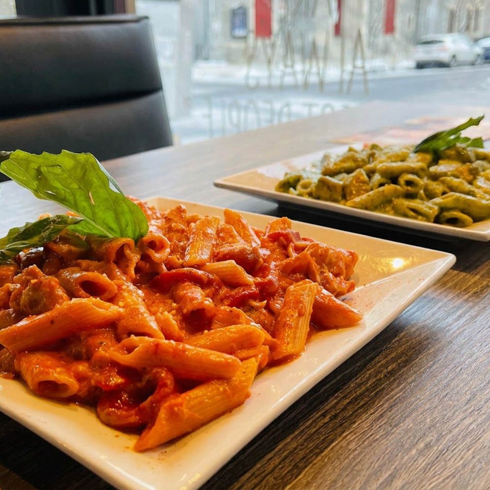 Two plates of pasta, including red-sauce penne and green-sauce pasta, sit on a wooden restaurant table by a window.