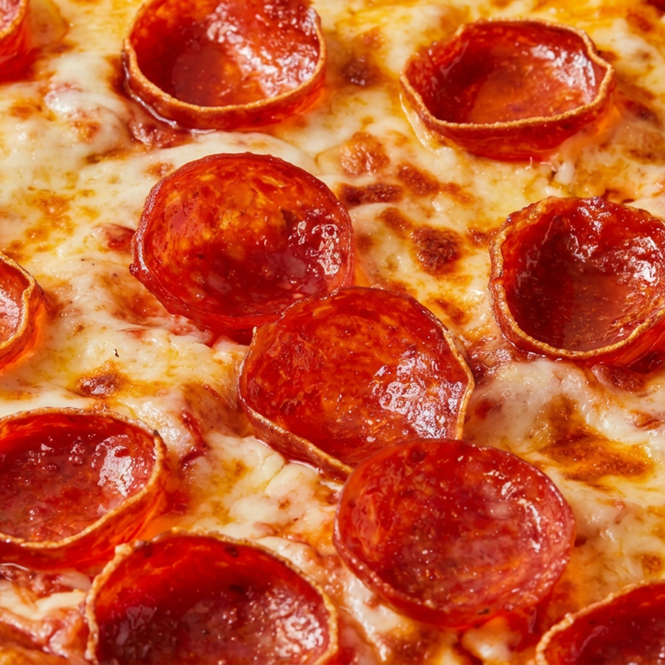Close-up of a cheese pizza topped with numerous curled, crispy pepperoni slices.