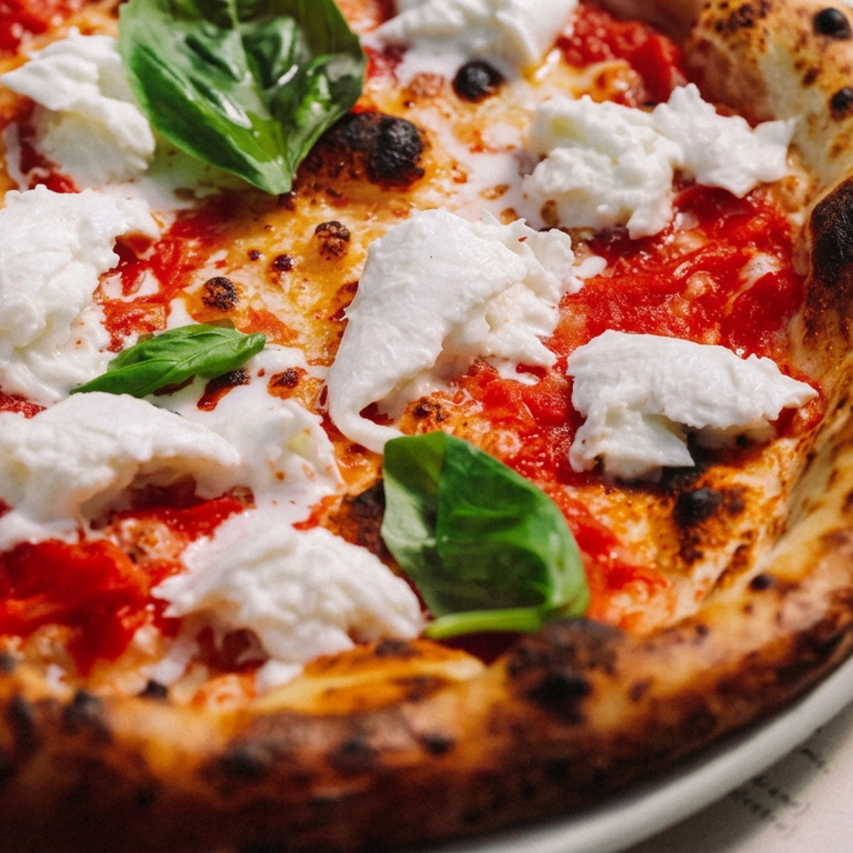 Close-up of Neapolitan pizza topped with tomato sauce, fresh mozzarella, basil leaves, and a charred crust beside a menu.