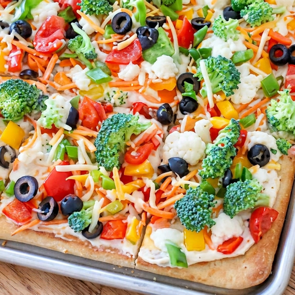 Sheet-pan vegetable pizza topped with broccoli, cauliflower, peppers, tomatoes, carrots, black olives, and melted cheese.