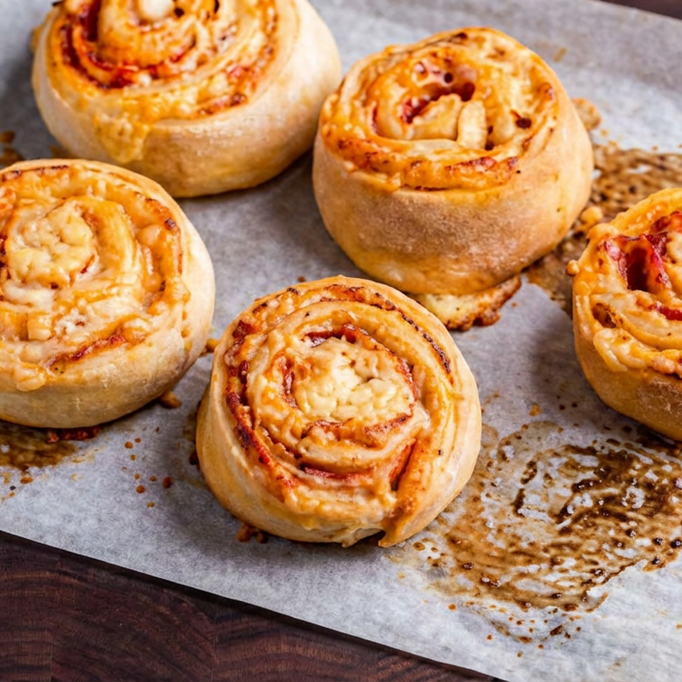 Five golden-brown cheese and tomato pinwheels arranged on parchment paper atop a dark wooden table.
