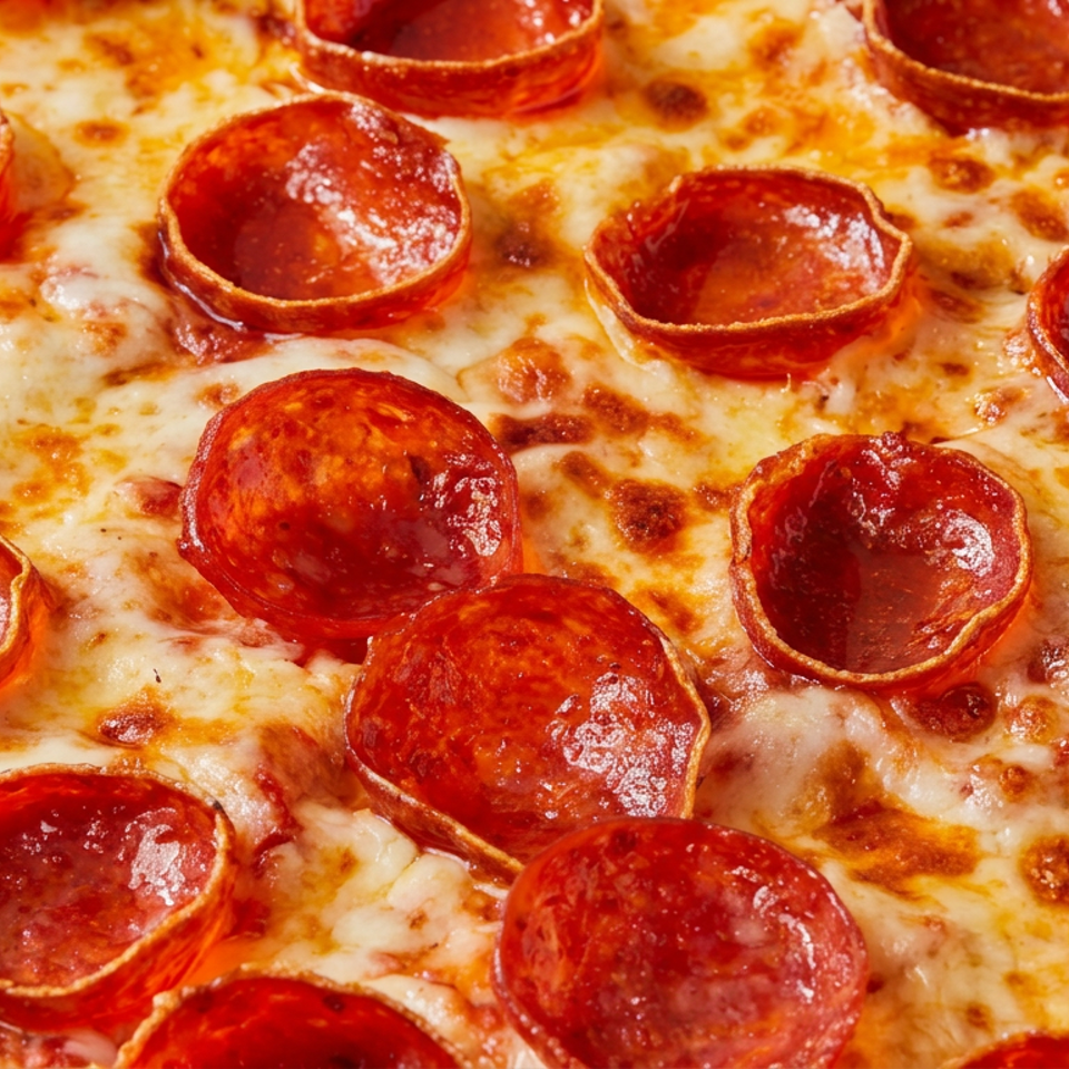 Close-up of a cheesy pepperoni pizza covered with crispy, cup-shaped pepperoni slices.