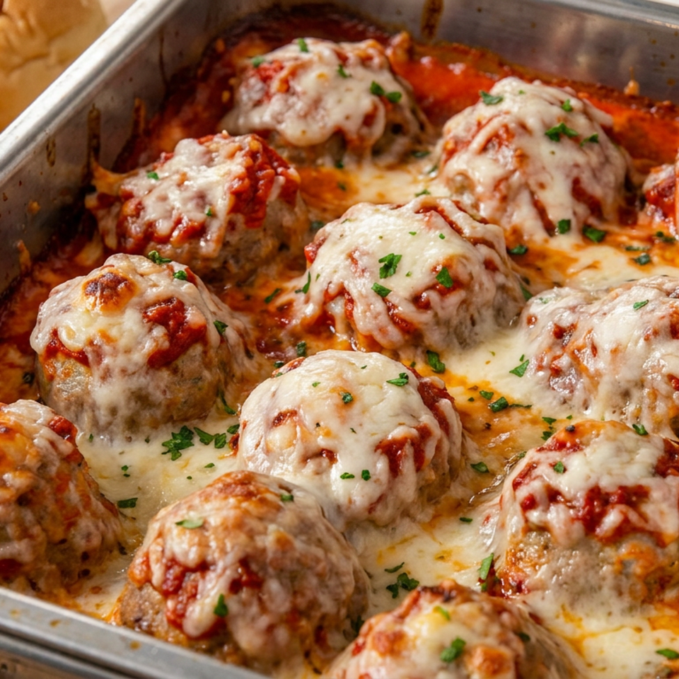 Baked meatballs topped with melted cheese and marinara sauce in a baking pan, garnished with parsley and served with bread.