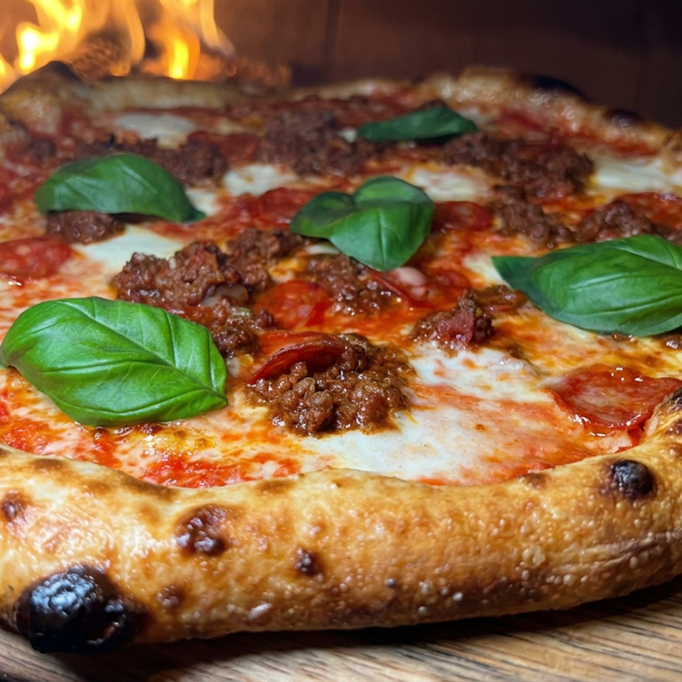 Wood-fired pizza topped with melted cheese, tomato sauce, ground meat, pepperoni, and fresh basil on a wooden board.