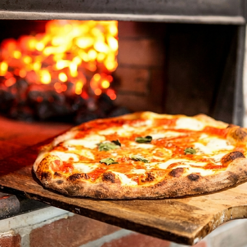 Wood-fired margherita pizza with blistered crust rests on a wooden peel beside glowing embers in a brick oven.