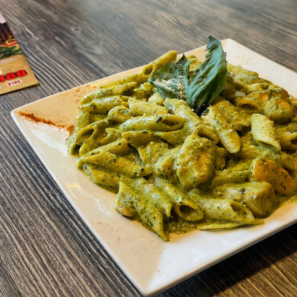 Creamy green pesto penne pasta with shrimp, garnished with basil, served on a square white plate.