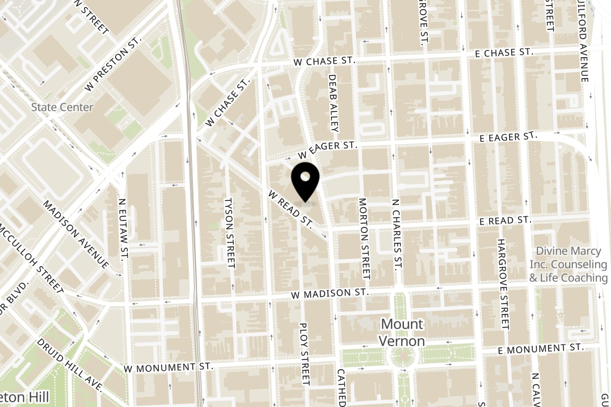 Map showing the location of Spice & Slice on 900 Cathedral St in Baltimore
